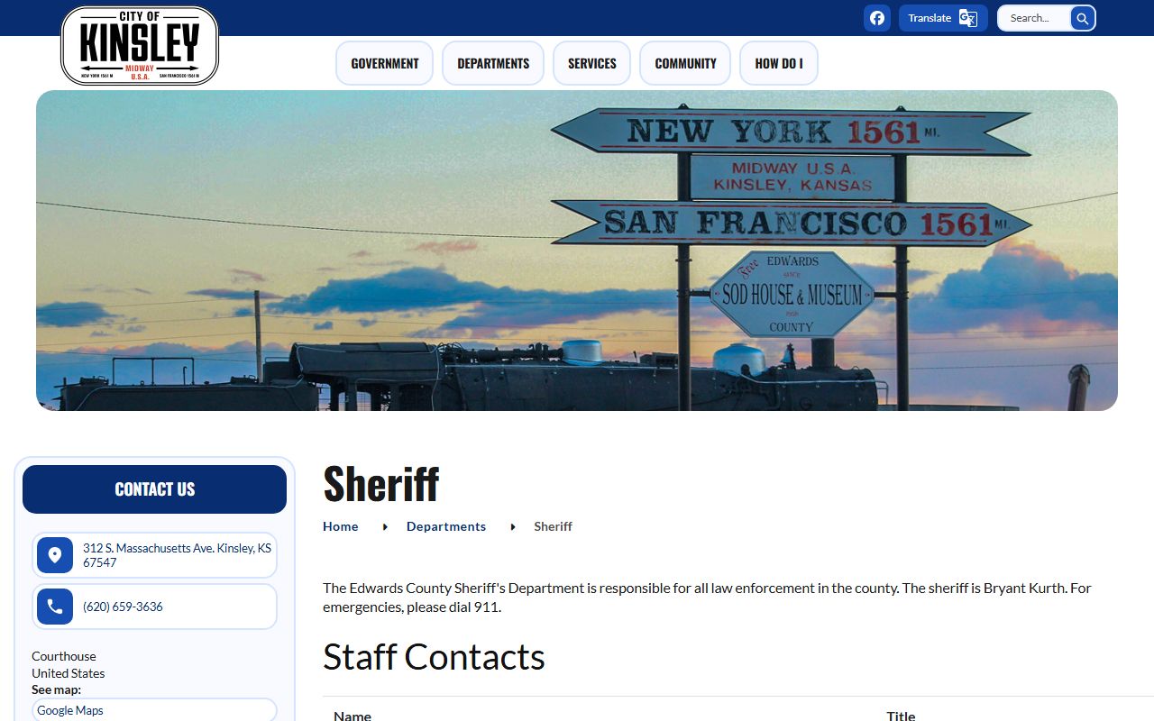 Edwards County warrant records Kinsley sheriff contact page