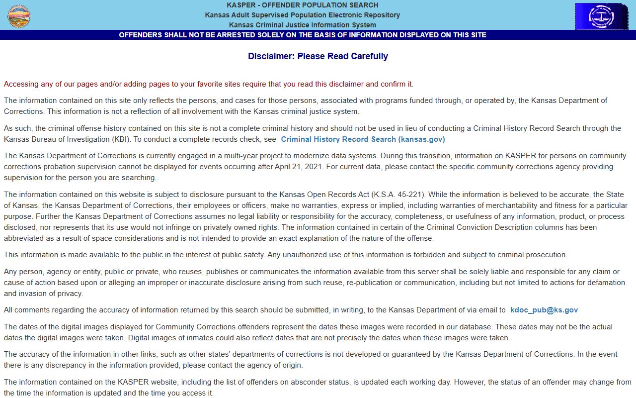 Edwards County inmate search using KASPER disclaimer for state custody limits