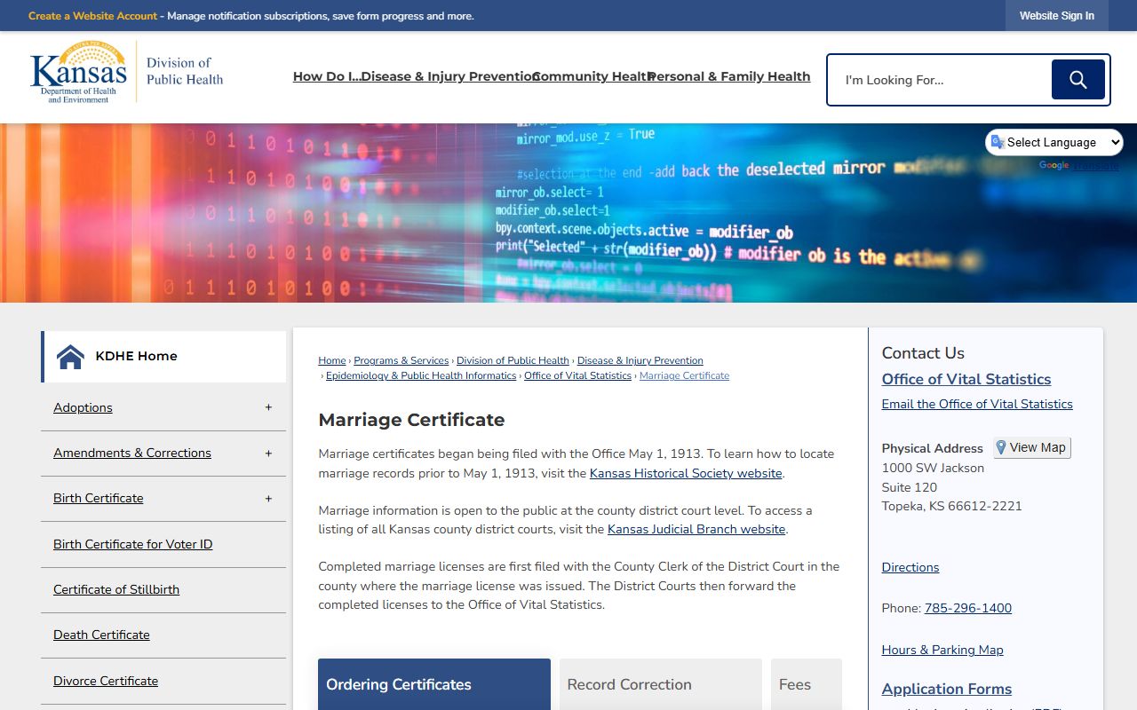 Edwards County marriage records KDHE marriage certificate ordering